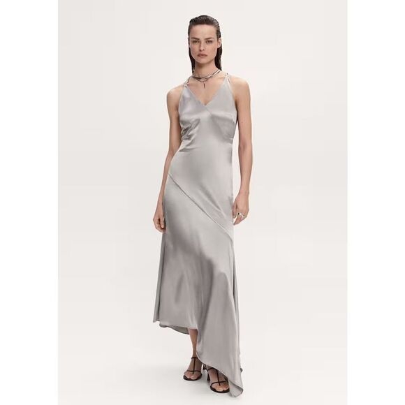 Mango MNG Women's Asymmetrical Satin-finish Dress w/ Asymmetrical Hem Silver Siz - Picture 3 of 16